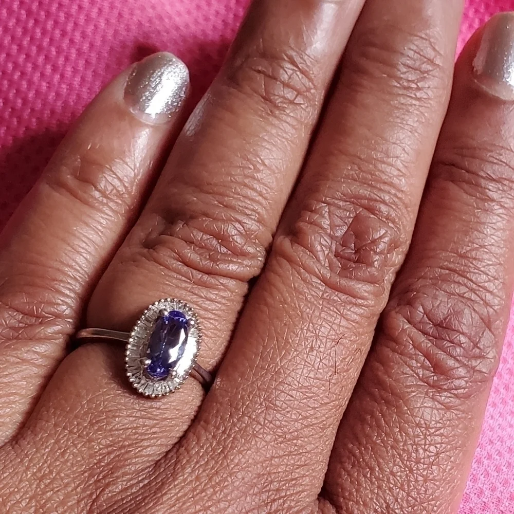 Tanzanite Diamond Halo Ring Platinum Over Sterling Silver Size 7